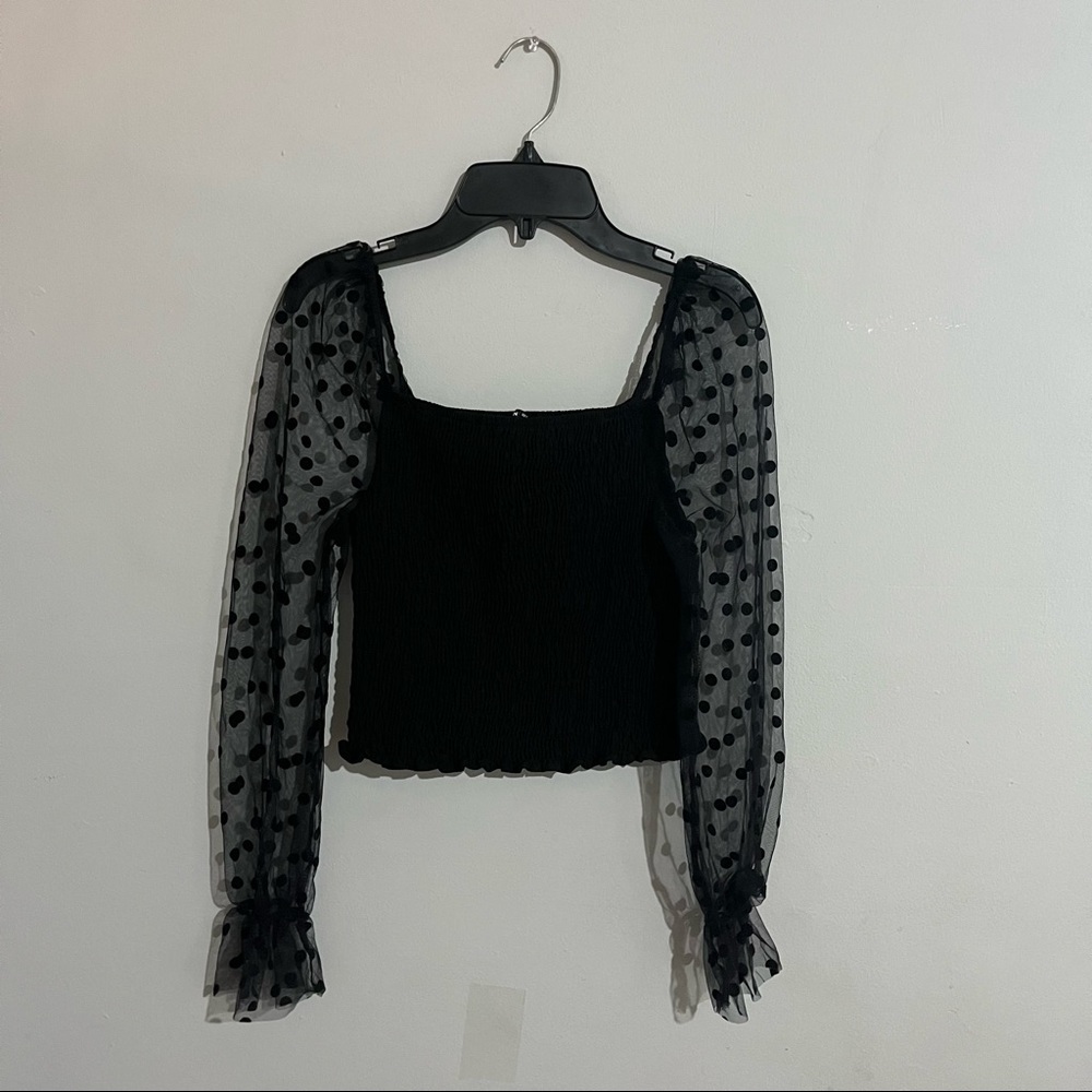 Black crop top with sheer polka dot sleeves